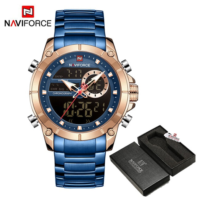 Men Military Sport Wrist Watch Gold Quartz Steel Waterproof Dual Display Male Clock Watch