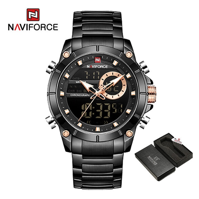 Men Military Sport Wrist Watch Gold Quartz Steel Waterproof Dual Display Male Clock Watch