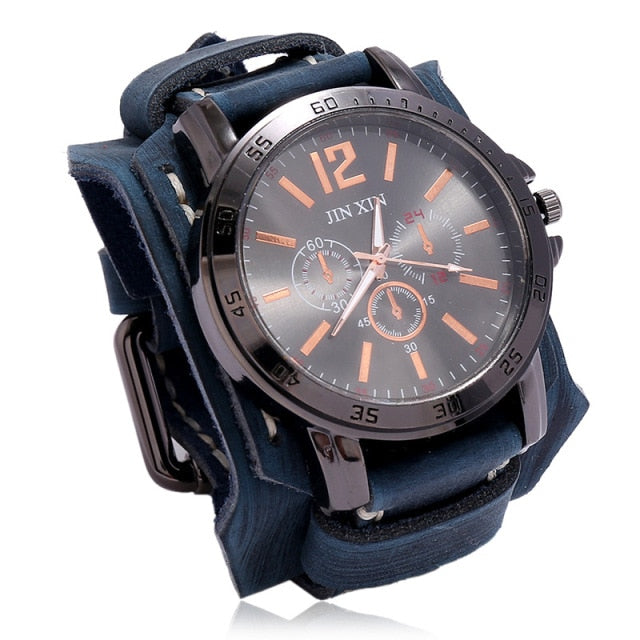 Quartz Wristwatches Fashion Blue Glass Punk Style Mens Watches Wide Leather Bracelets